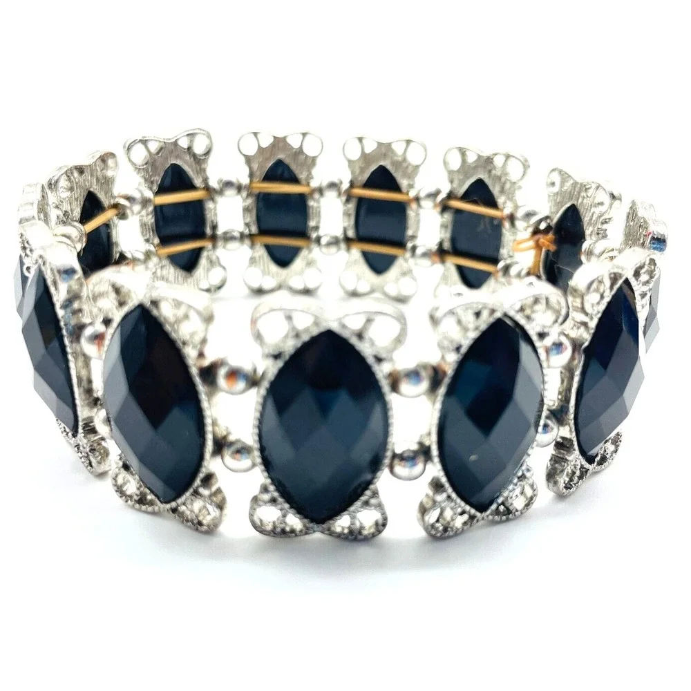 Black Beaded Stretch Bracelet Silver Tone Statement Fashion Costume Jewelry